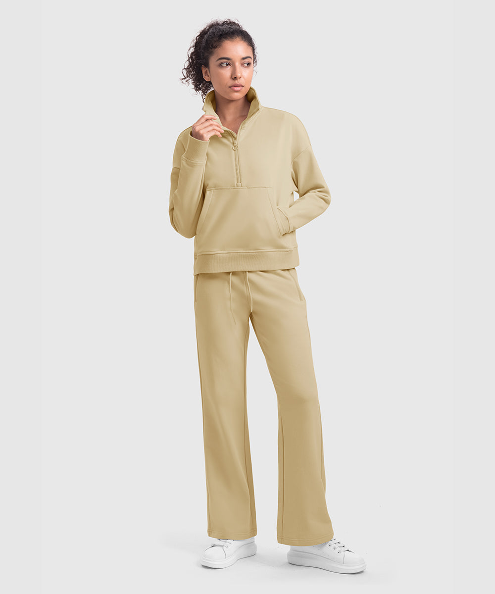 Women's 1/2 Zip Stand collar Pullover And Wide Leg Pants - TBMPOY