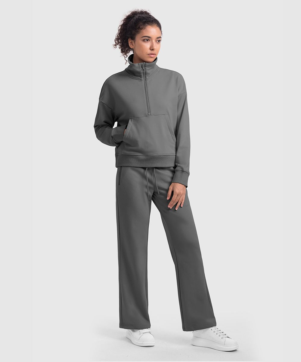 Women's 1/2 Zip Stand collar Pullover And Wide Leg Pants - TBMPOY