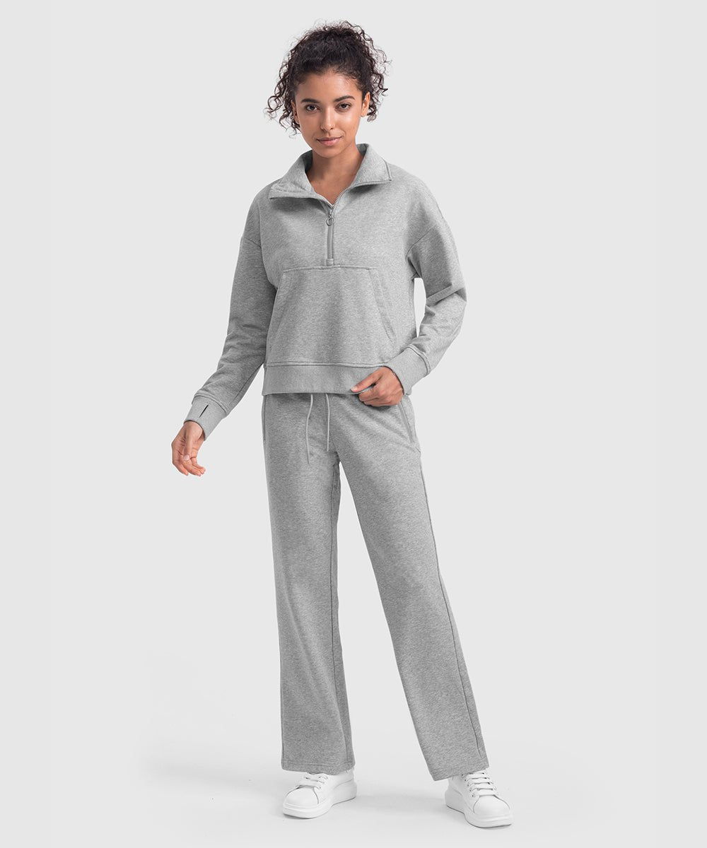 Women's 1/2 Zip Stand collar Pullover And Wide Leg Pants - TBMPOY