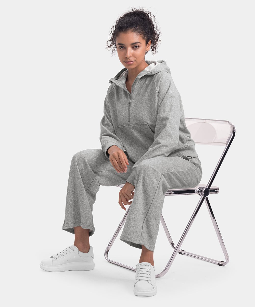 Women's 1/2 Zip Hooded Pullover And Wide Leg Pants Casual Set - TBMPOY