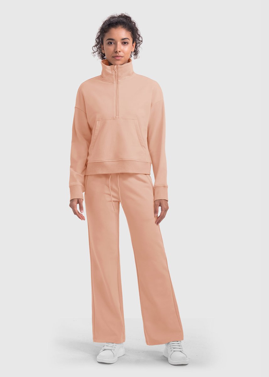 Women's 1/2 Zip Stand collar Pullover And Wide Leg Pants - TBMPOY