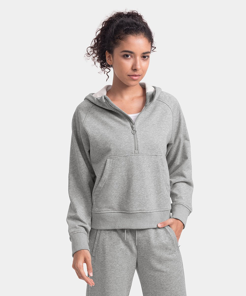 Women's 1/2 Zip Hooded Pullover And Wide Leg Pants Casual Set - TBMPOY