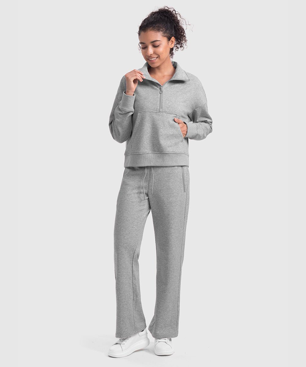 Women's 1/2 Zip Stand collar Pullover And Wide Leg Pants - TBMPOY