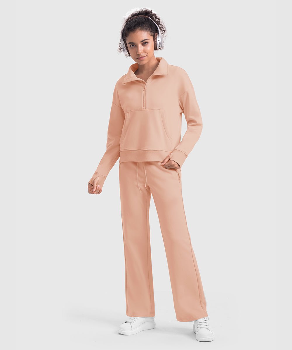 Women's 1/2 Zip Stand collar Pullover And Wide Leg Pants - TBMPOY