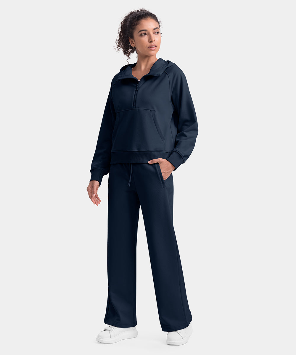 Women's 1/2 Zip Hooded Pullover And Wide Leg Pants Casual Set - TBMPOY