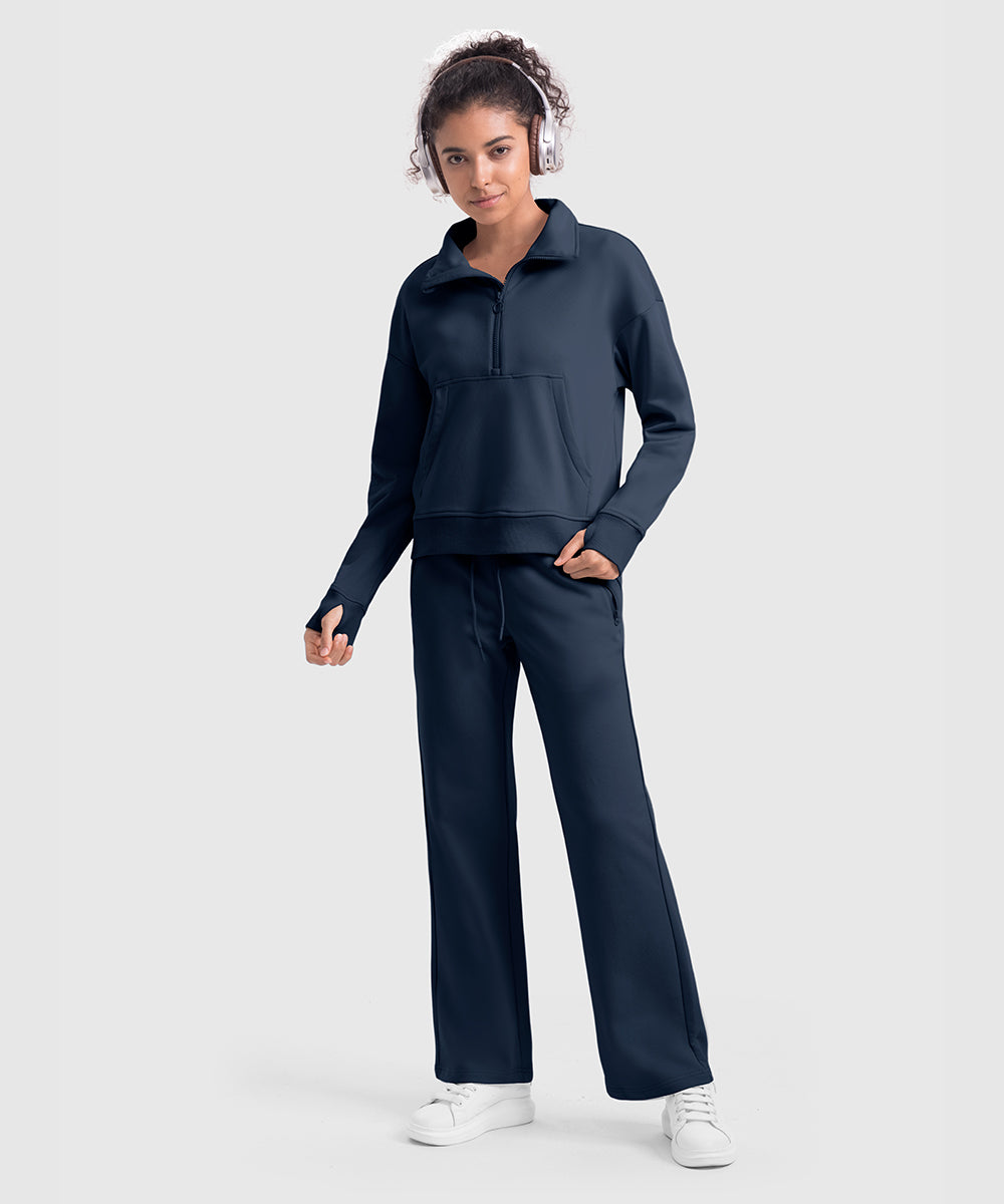 Women's 1/2 Zip Stand collar Pullover And Wide Leg Pants - TBMPOY