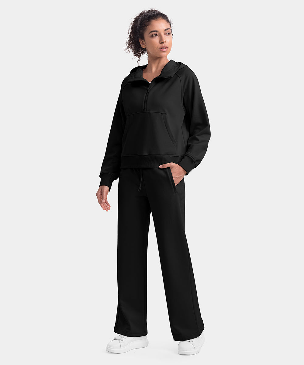 Women's 1/2 Zip Hooded Pullover And Wide Leg Pants Casual Set - TBMPOY