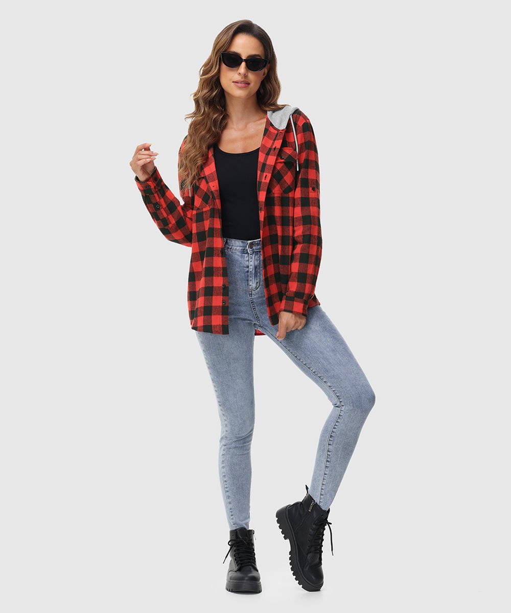 Women's Casual Buffalo Plaid Button Hooded Shirts - TBMPOY