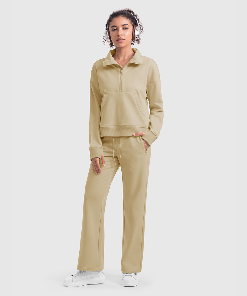 Women's 1/2 Zip Stand collar Pullover And Wide Leg Pants - TBMPOY