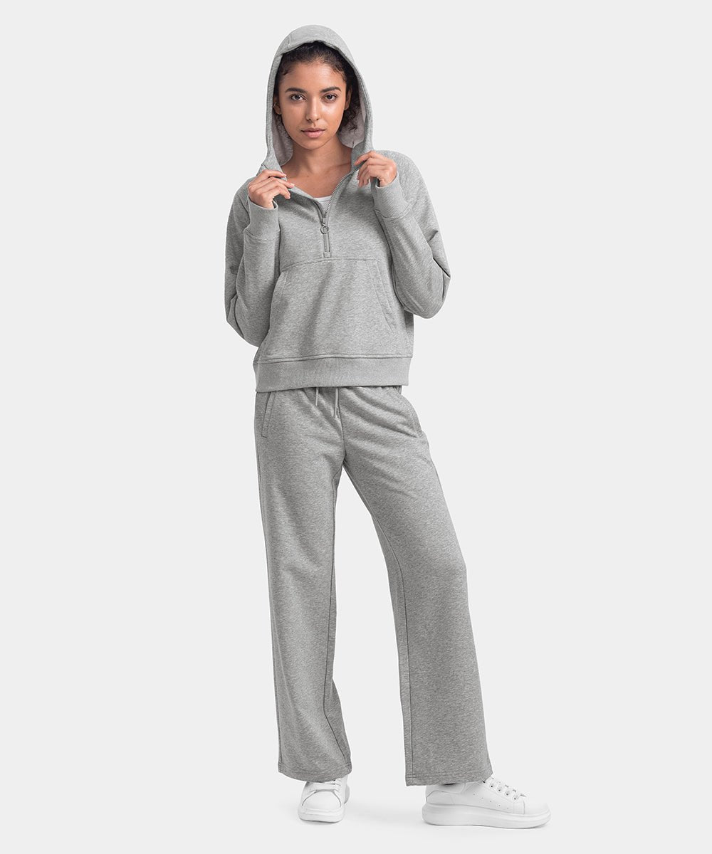 Women's 1/2 Zip Hooded Pullover And Wide Leg Pants Casual Set - TBMPOY