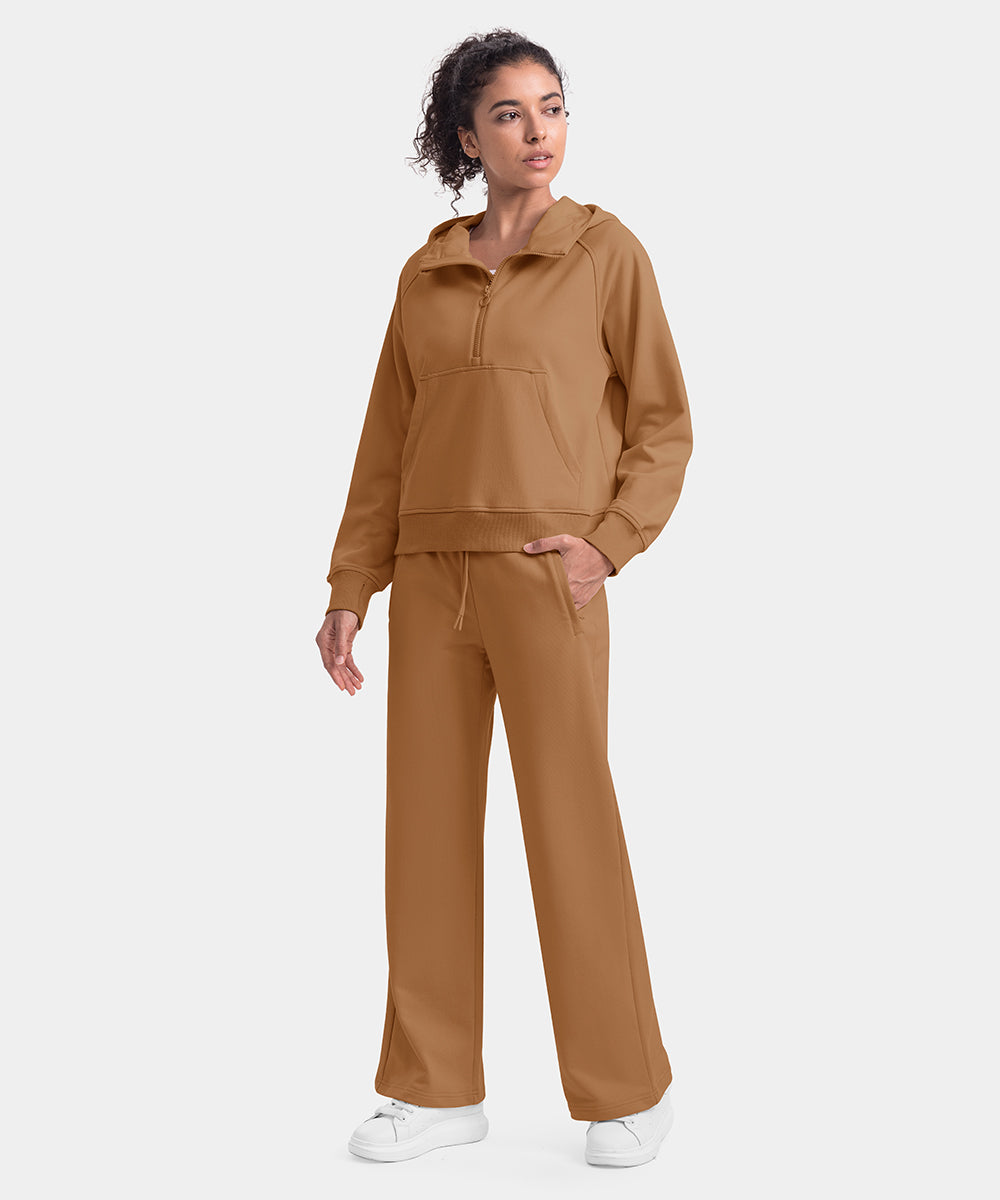 Women's 1/2 Zip Hooded Pullover And Wide Leg Pants Casual Set - TBMPOY