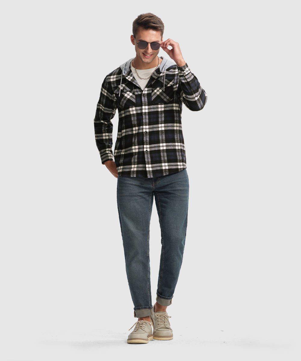 Men's Casual Buffalo Plaid Button Hooded Shirts - TBMPOY