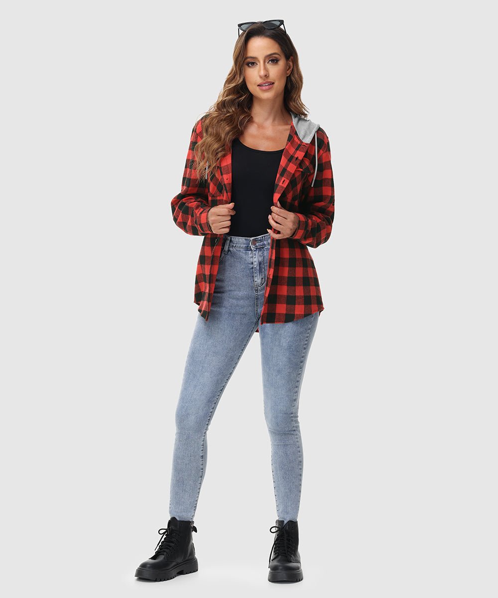 Women's Casual Buffalo Plaid Button Hooded Shirts - TBMPOY