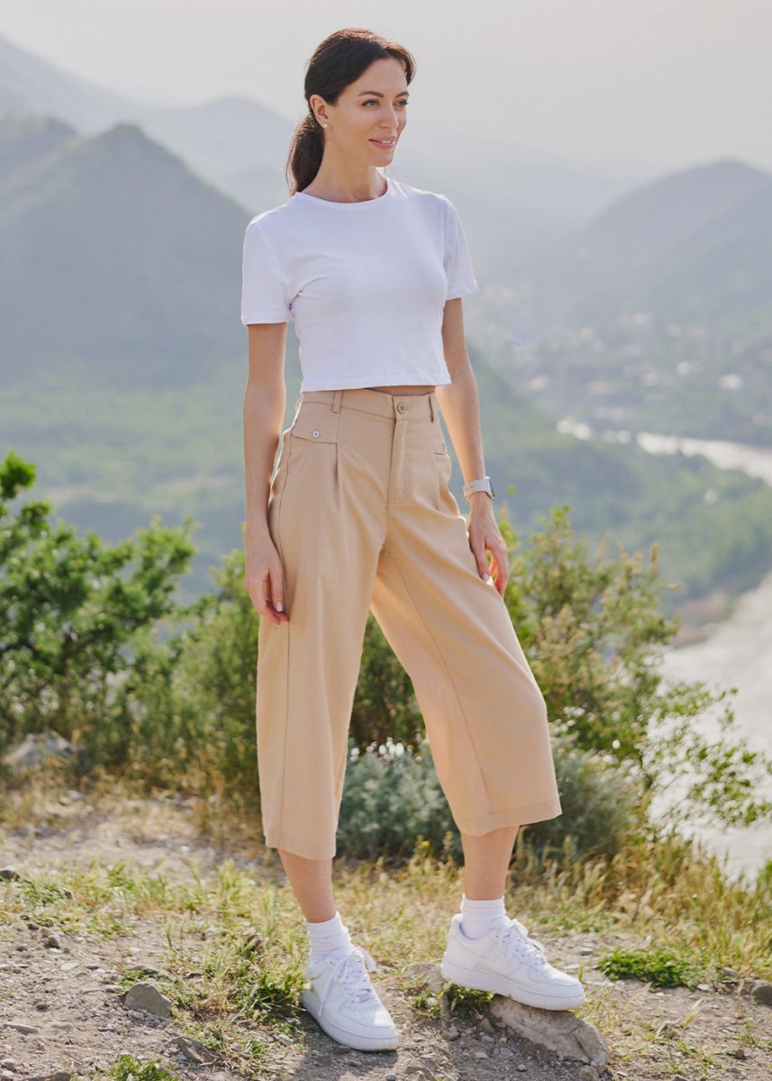 Women High Waisted Wide Leg Linen Palazzo Capri Pants - TBMPOY