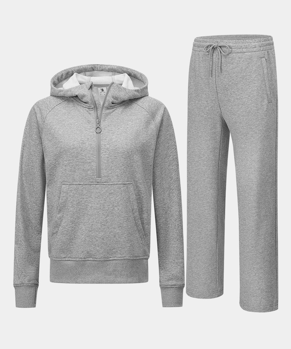 Women's 1/2 Zip Hooded Pullover And Wide Leg Pants Casual Set - TBMPOY