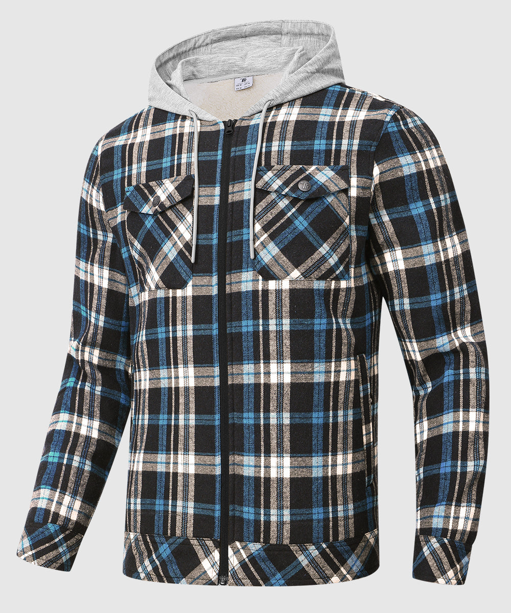 Men's Fleece Buffalo Plaid Button - Down Hooded Shirt - TBMPOY