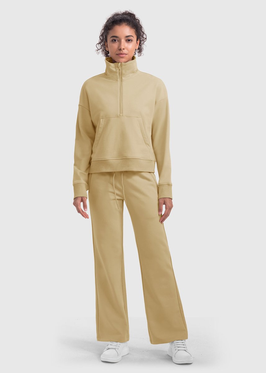 Women's 1/2 Zip Stand collar Pullover And Wide Leg Pants - TBMPOY