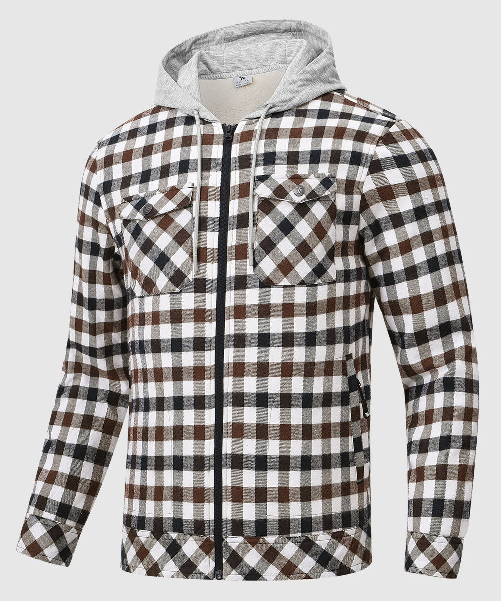 Men's Fleece Buffalo Plaid Button - Down Hooded Shirt - TBMPOY